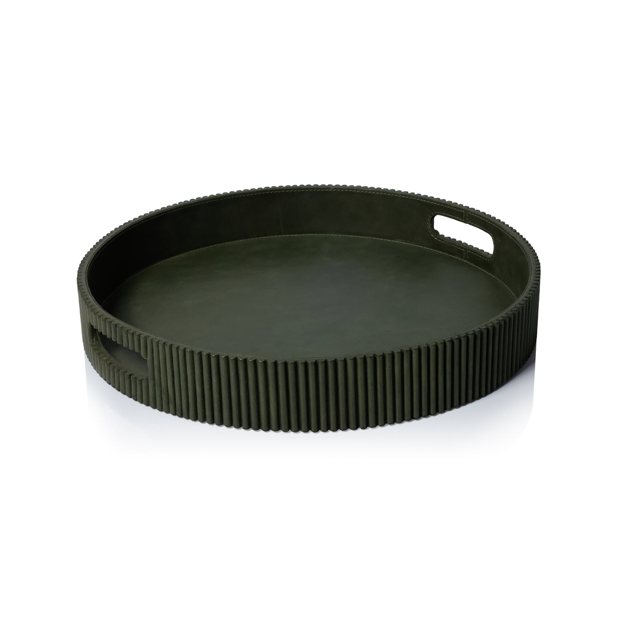 Zodax Round Fluted Green Leather Tray, 18"