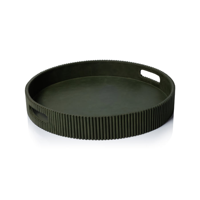 Zodax Round Fluted Green Leather Tray, 18"