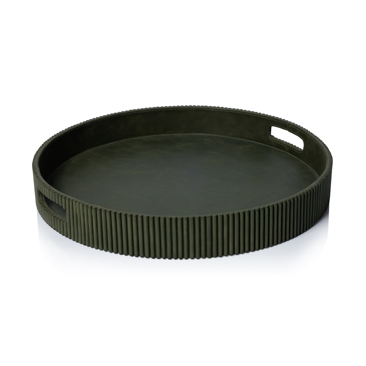 Zodax Round Fluted Green Leather Tray, 20"