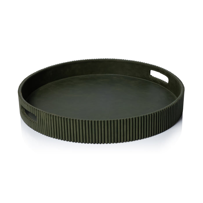Zodax Round Fluted Green Leather Tray, 20"
