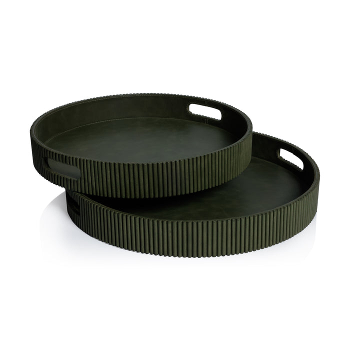 Zodax Round Fluted Green Leather Tray, 20"
