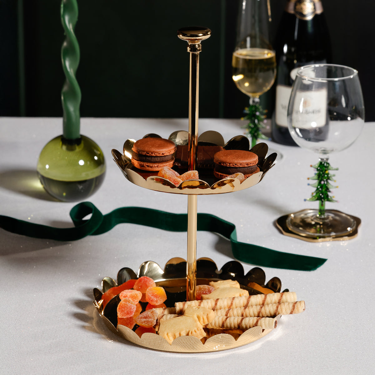 Zodax Lucente Polished Scalloped Metal Display & Serving Tray, Two-Tier, Gold
