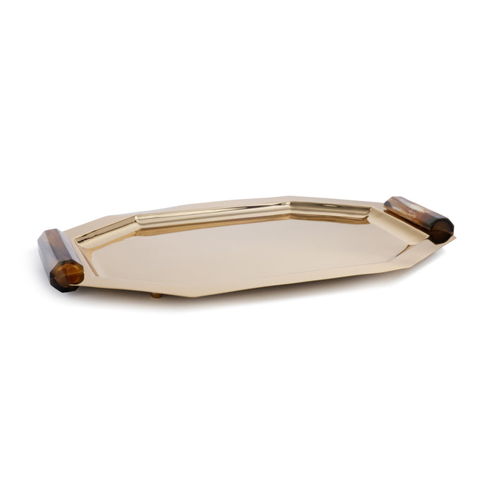 Zodax Polished Octagon Metal Serving Trays with Horn Handles, Gold, Medium