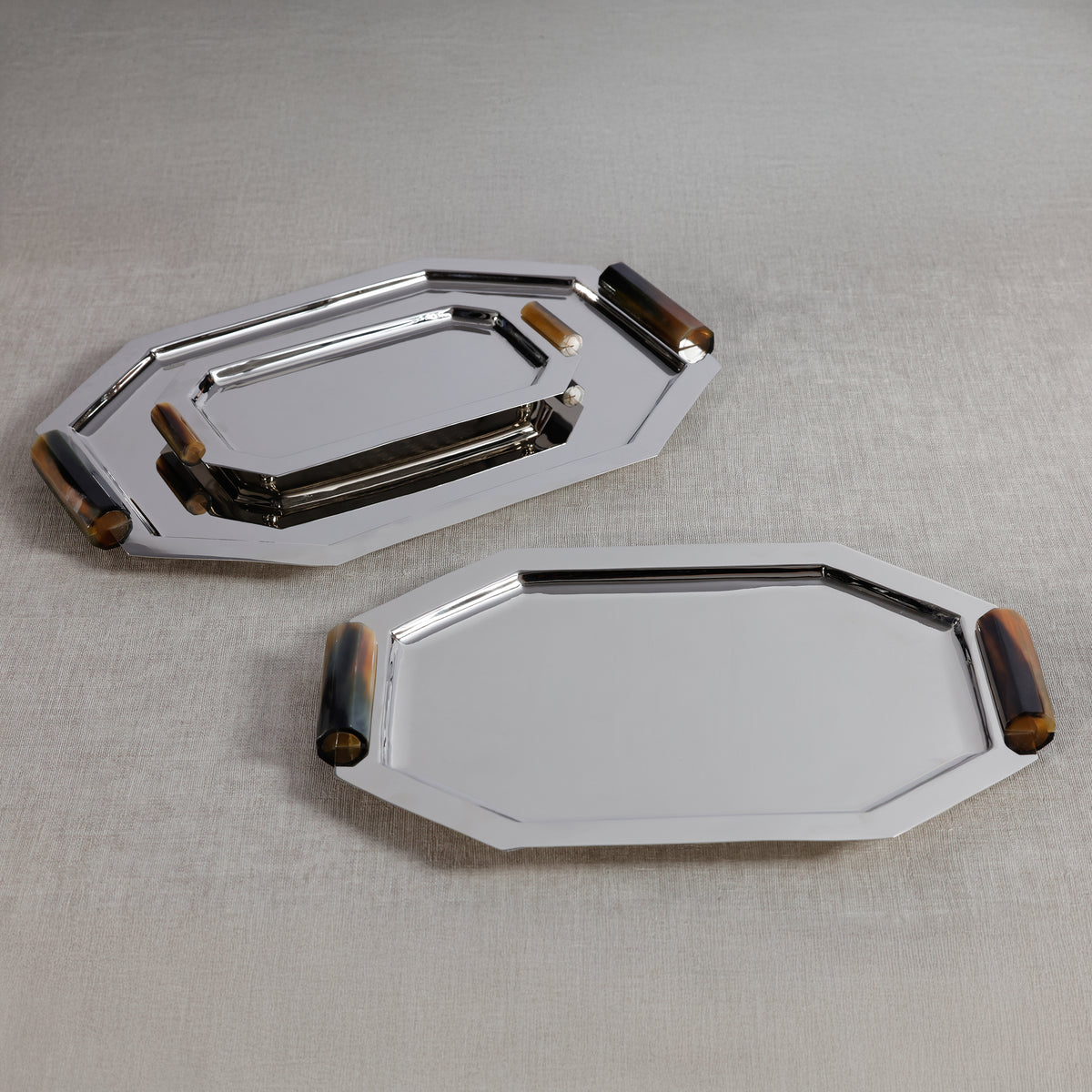 Zodax Polished Octagon Metal Serving Trays with Horn Handles, Nickel, Medium