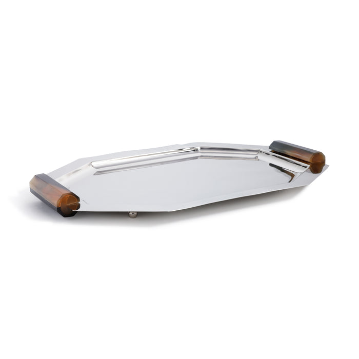 Zodax Polished Octagon Metal Serving Trays with Horn Handles, Nickel, Medium