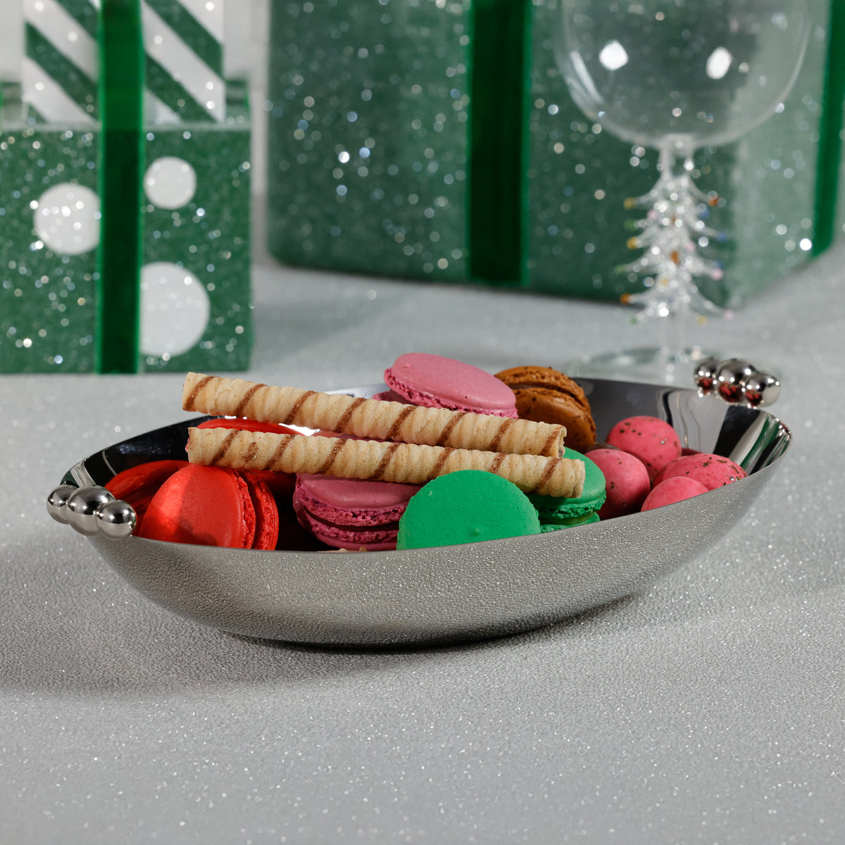 Zodax Lucente Polished Oval Metal Serving Bowls, Nickel