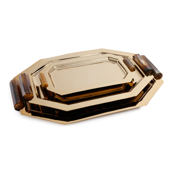 Zodax Polished Octagon Metal Serving Trays with Horn Handles, Gold, Large