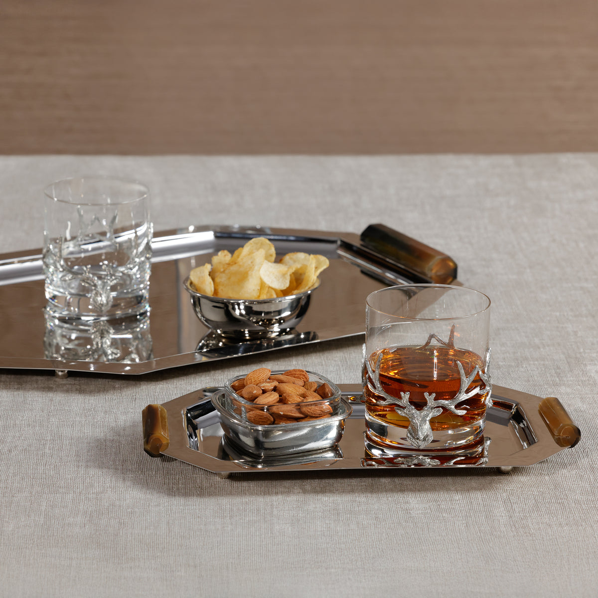Zodax Polished Octagon Metal Serving Trays with Horn Handles, Nickel, Large