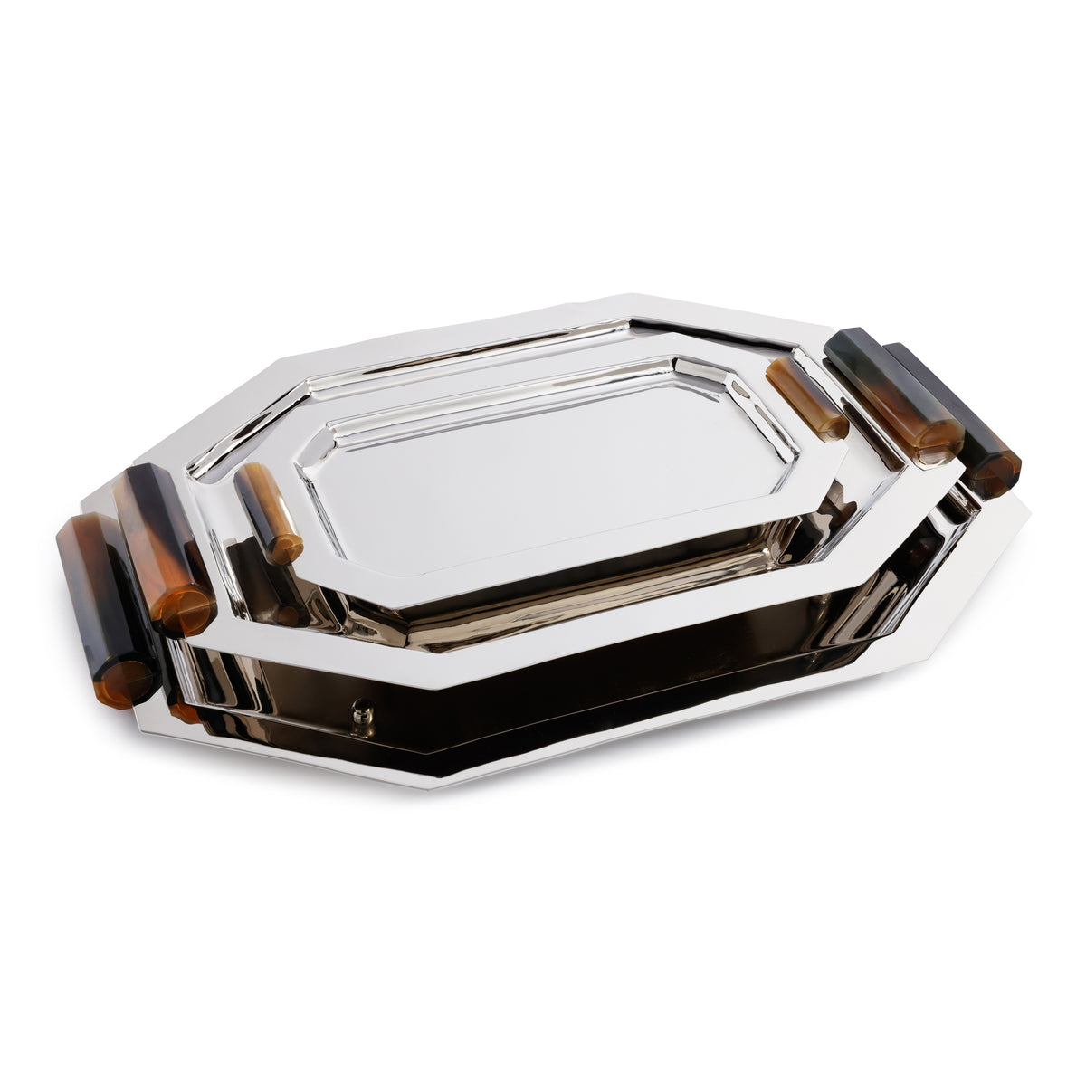 Zodax Polished Octagon Metal Serving Trays with Horn Handles, Nickel, Large