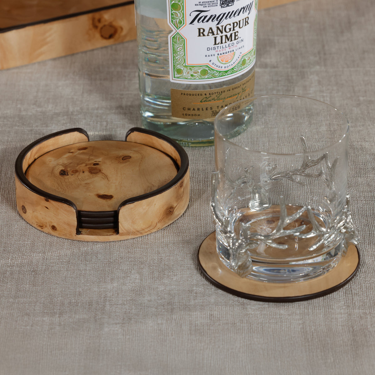 Zodax Valberg Burl Veneer Round Beverage Coasters with Holder, Set of 4