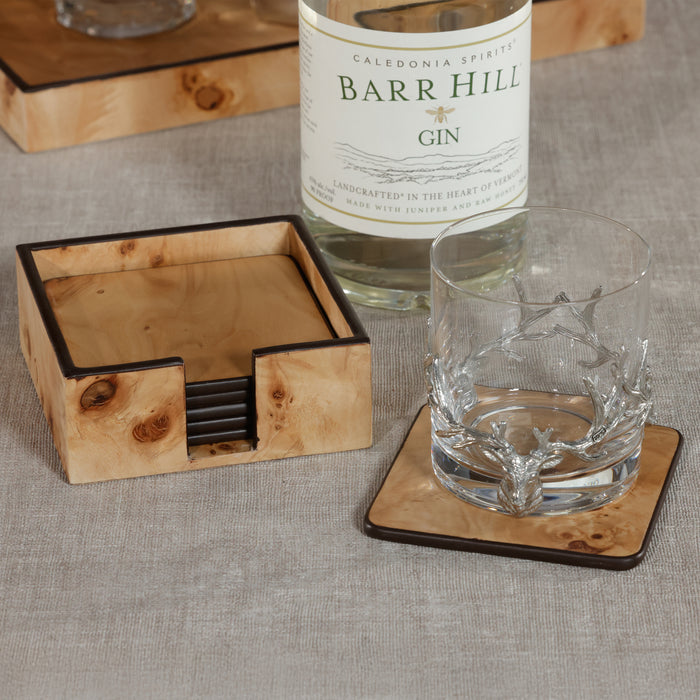 Zodax Valberg Burl Veneer Square Beverage Coasters with Holder, Set of 6