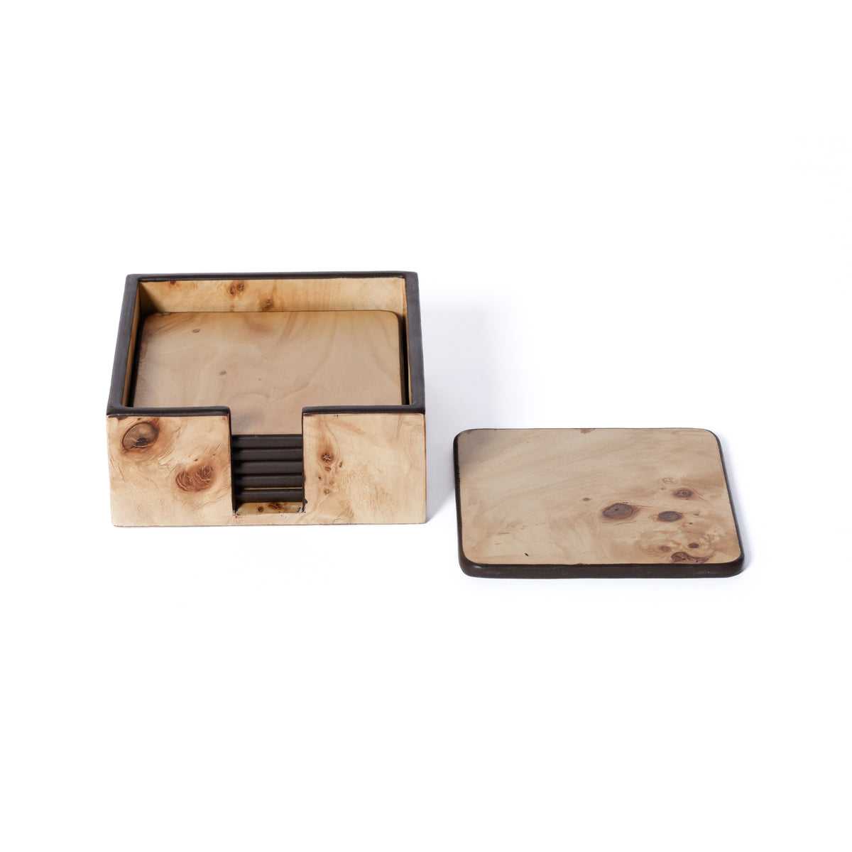 Zodax Valberg Burl Veneer Square Beverage Coasters with Holder, Set of 6