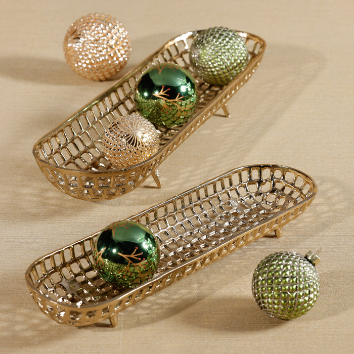 Zodax Reticolo Oval Gold Metal Decorative Footed Tray, 17.75"