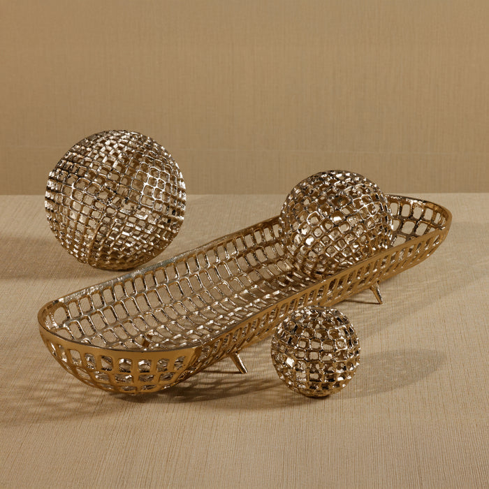 Zodax Reticolo Oval Gold Metal Decorative Footed Tray, 28"