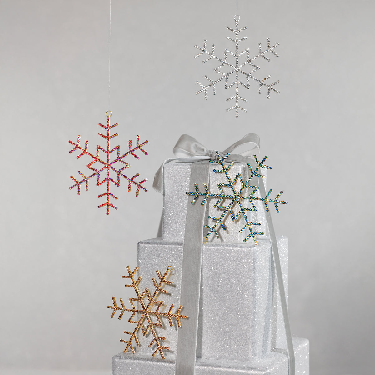 Zodax Holiday Snowflake Ornaments with Rhinestones, 12 Hanging Pieces (3 Sets of 4)
