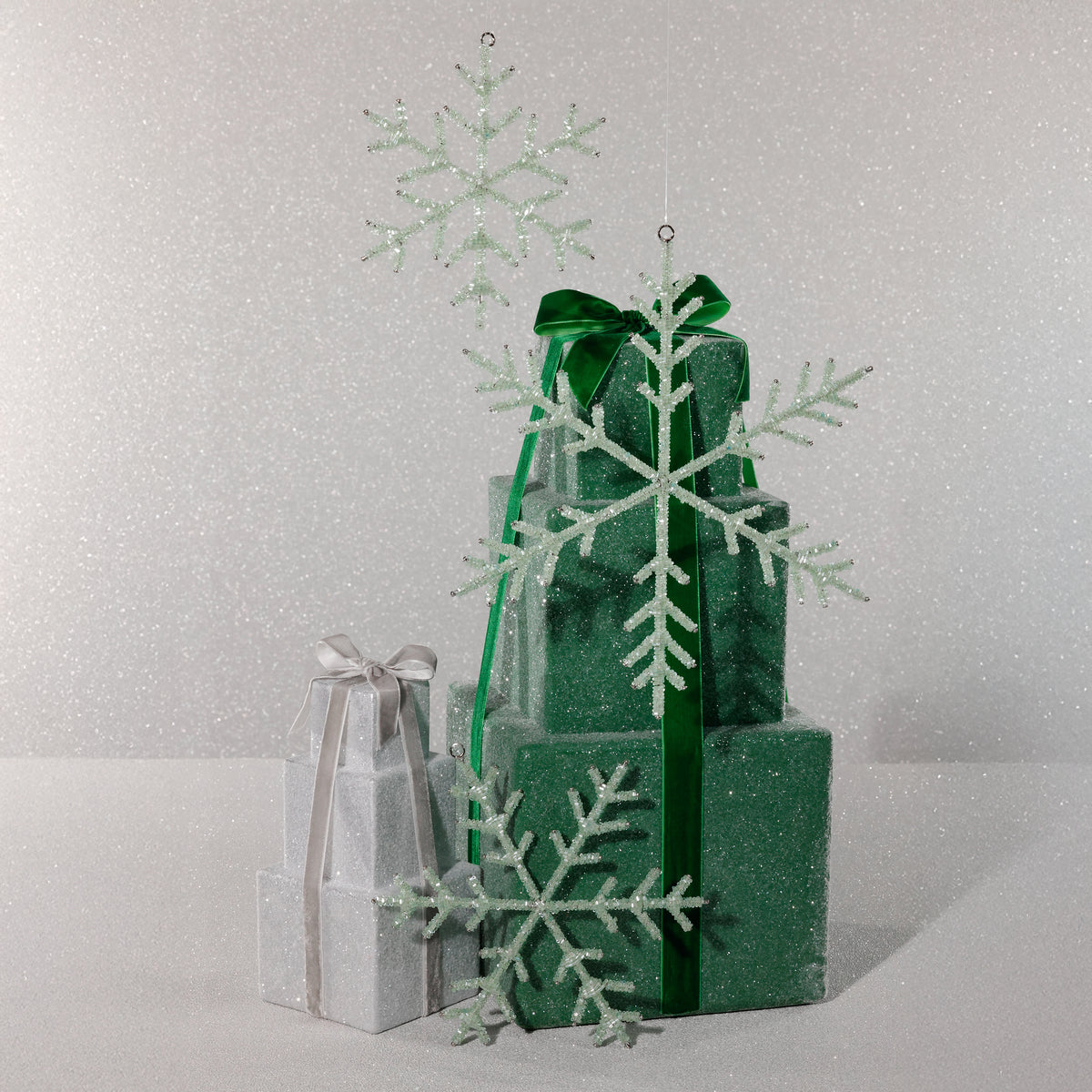 Zodax Beaded Snowflake Christmas Hanging Décor Ornaments, Set of 12, Green, 10"