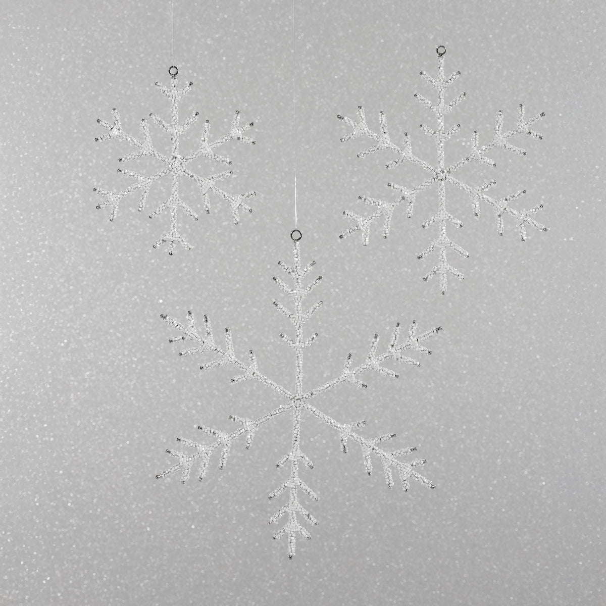 Zodax Beaded Snowflake Christmas Hanging Décor Ornaments, Set of 12, White, 6"