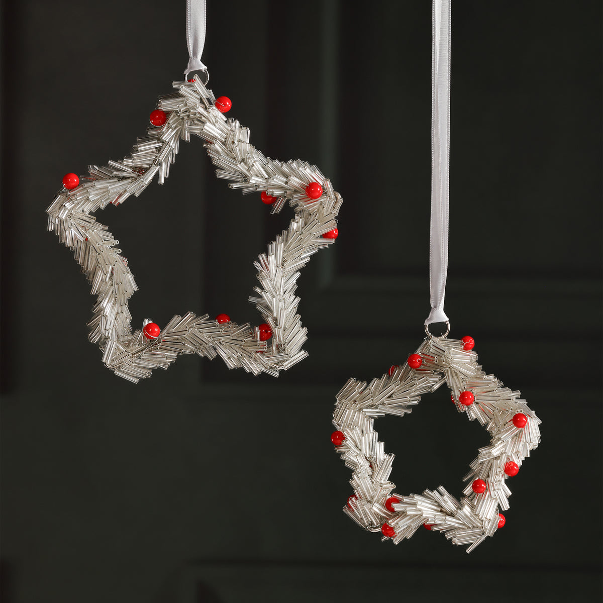 Zodax Festive Beaded Christmas Hanging Ornaments with Red Berries, Set of 12, Star, Silver, 4"