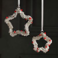 Zodax Festive Beaded Christmas Hanging Ornaments with Red Berries, Set of 12, Star, Silver, 4"