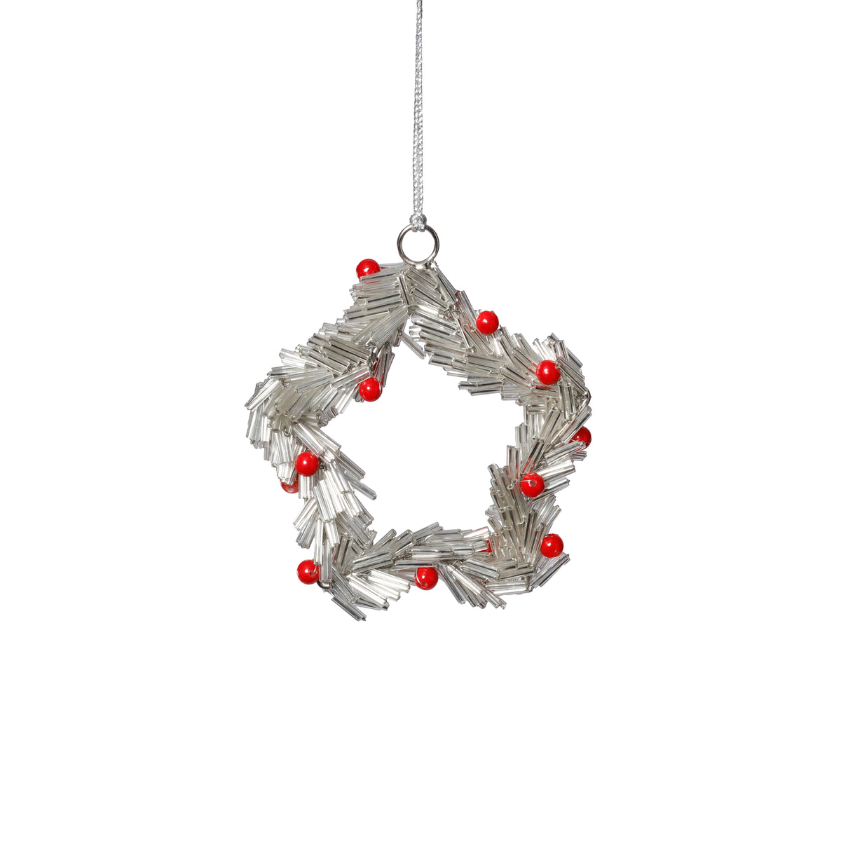 Zodax Festive Beaded Christmas Hanging Ornaments with Red Berries, Set of 12, Star, Silver, 4"