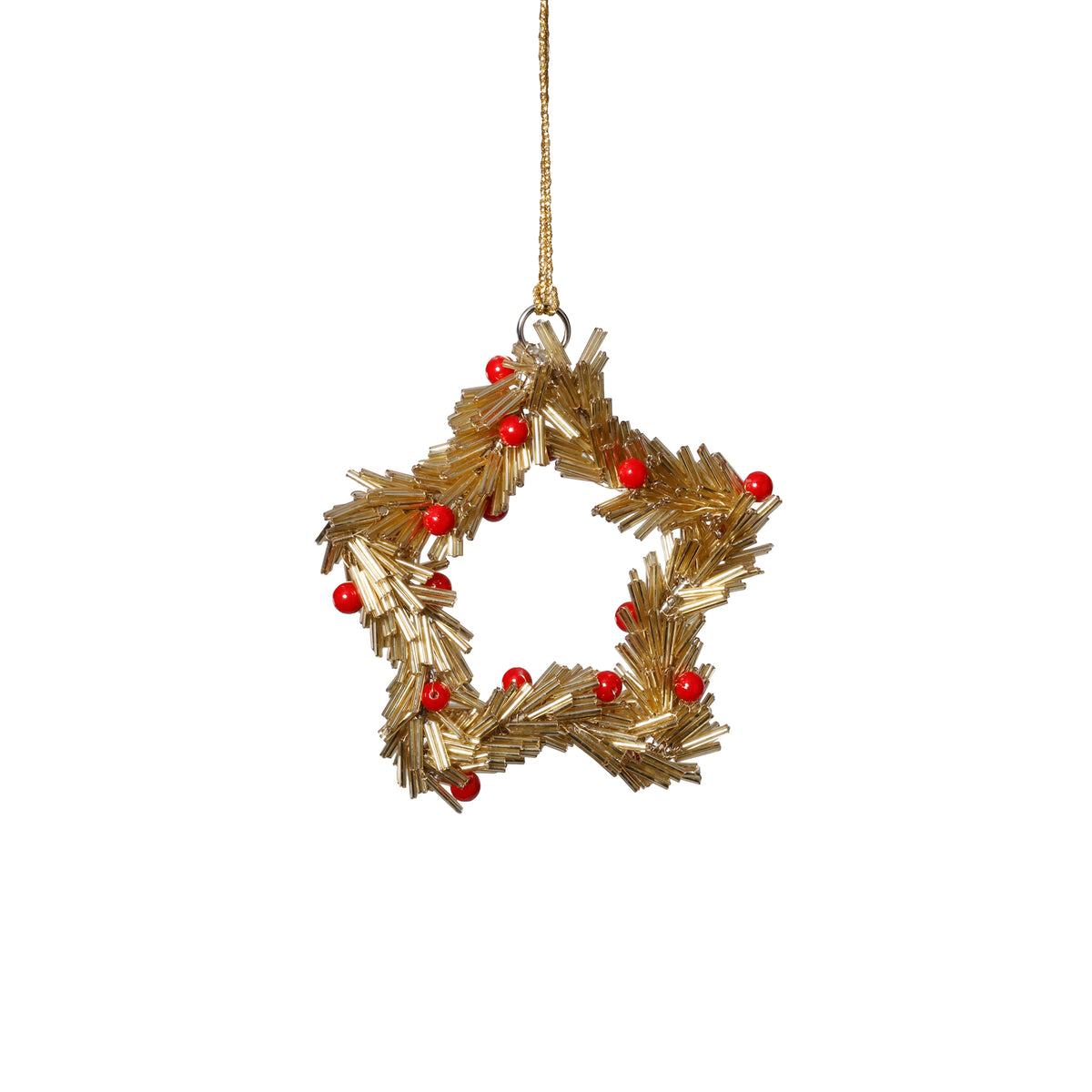 Zodax Festive Beaded Christmas Hanging Ornaments with Red Berries, Set of 12, Star, Gold, 4"