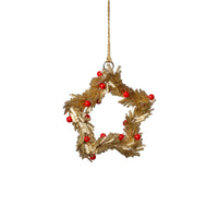 Zodax Festive Beaded Christmas Hanging Ornaments with Red Berries, Set of 12, Star, Gold, 4"