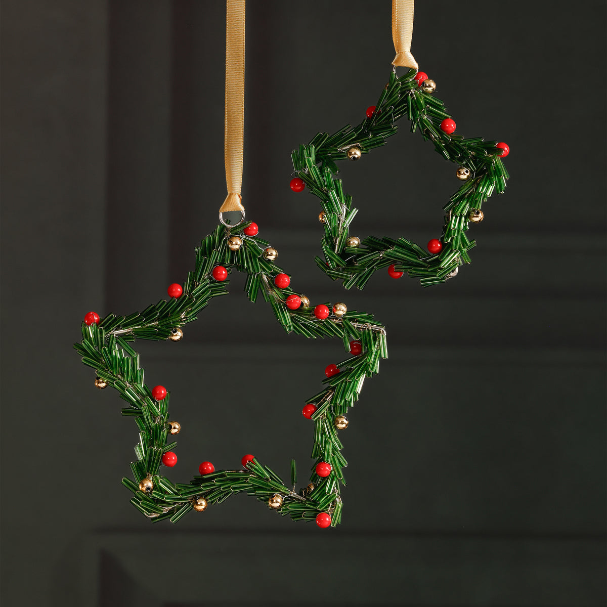 Zodax Festive Beaded Christmas Hanging Ornaments with Red Berries, Set of 12, Star, Green, 4"