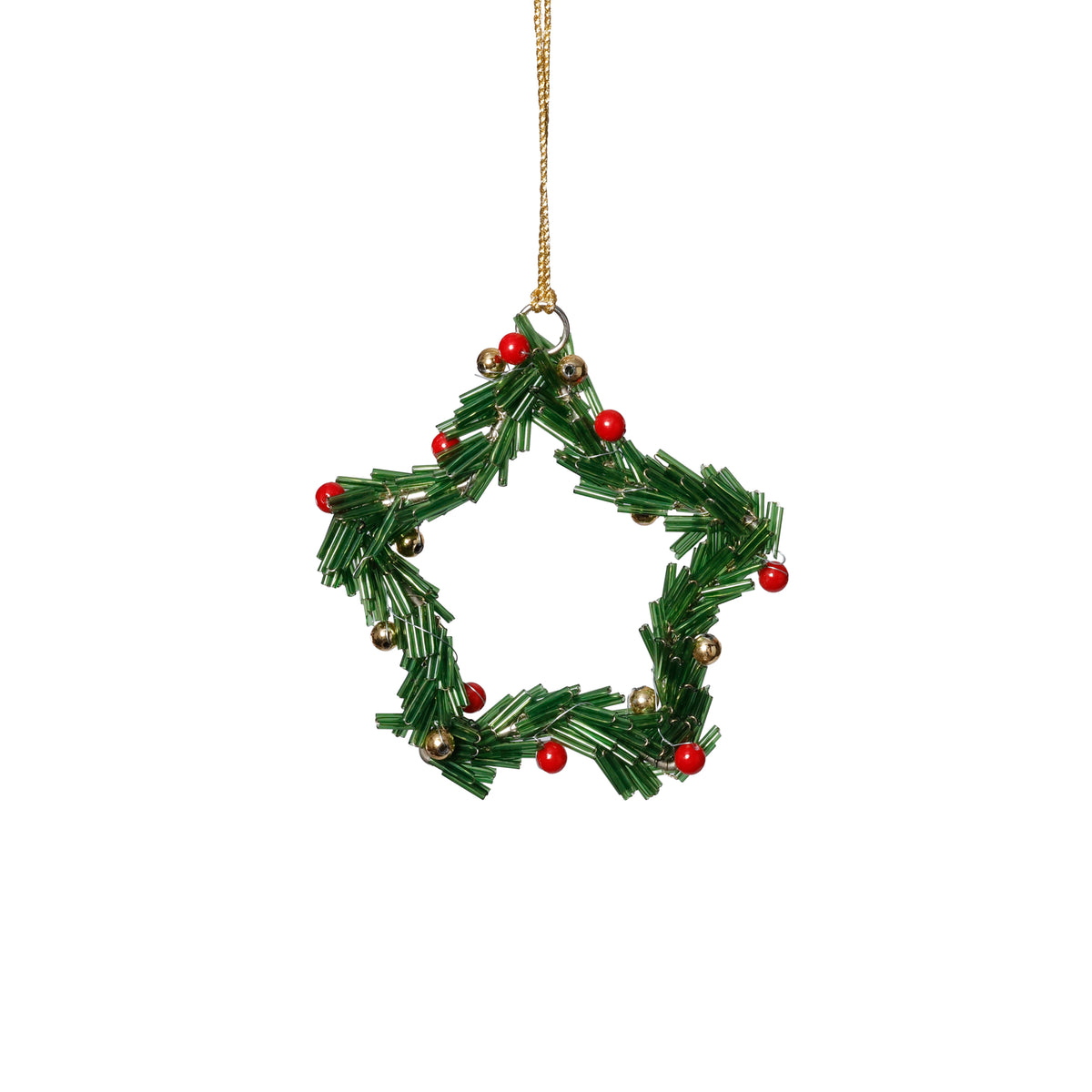 Zodax Festive Beaded Christmas Hanging Ornaments with Red Berries, Set of 12, Star, Green, 4"