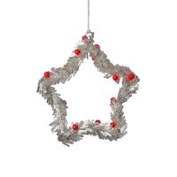 Zodax Festive Beaded Christmas Hanging Ornaments with Red Berries, Set of 12, Star, Silver, 6"