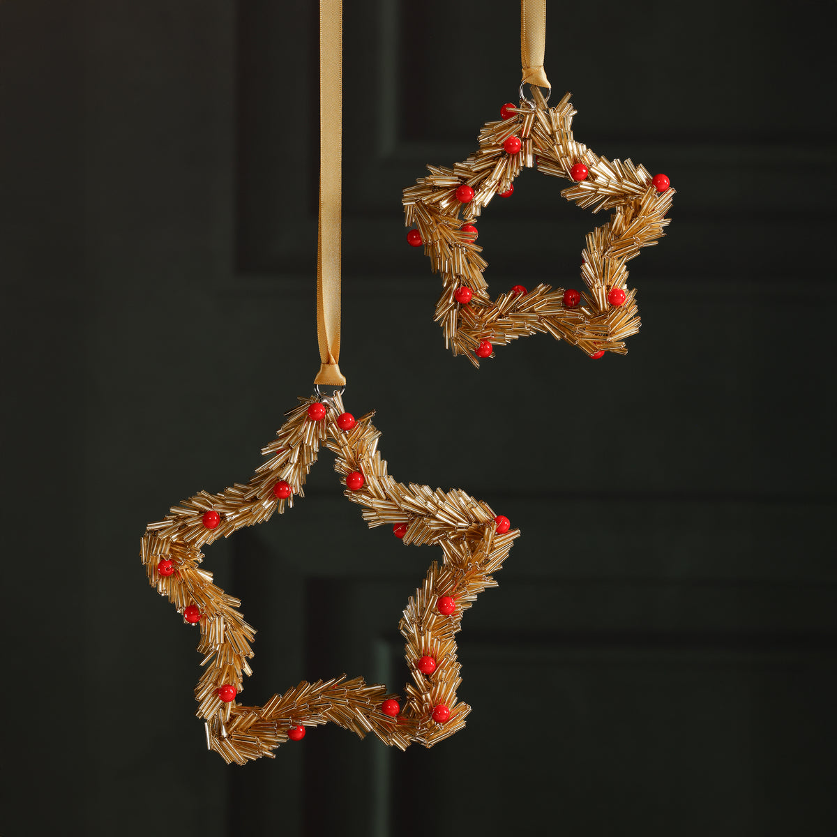 Zodax Festive Beaded Christmas Hanging Ornaments with Red Berries, Set of 12, Star, Gold, 6"