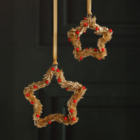 Zodax Festive Beaded Christmas Hanging Ornaments with Red Berries, Set of 12, Star, Gold, 6"