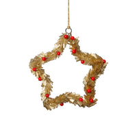 Zodax Festive Beaded Christmas Hanging Ornaments with Red Berries, Set of 12, Star, Gold, 6"