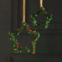 Zodax Festive Beaded Christmas Hanging Ornaments with Red Berries, Set of 12, Star, Green, 6"