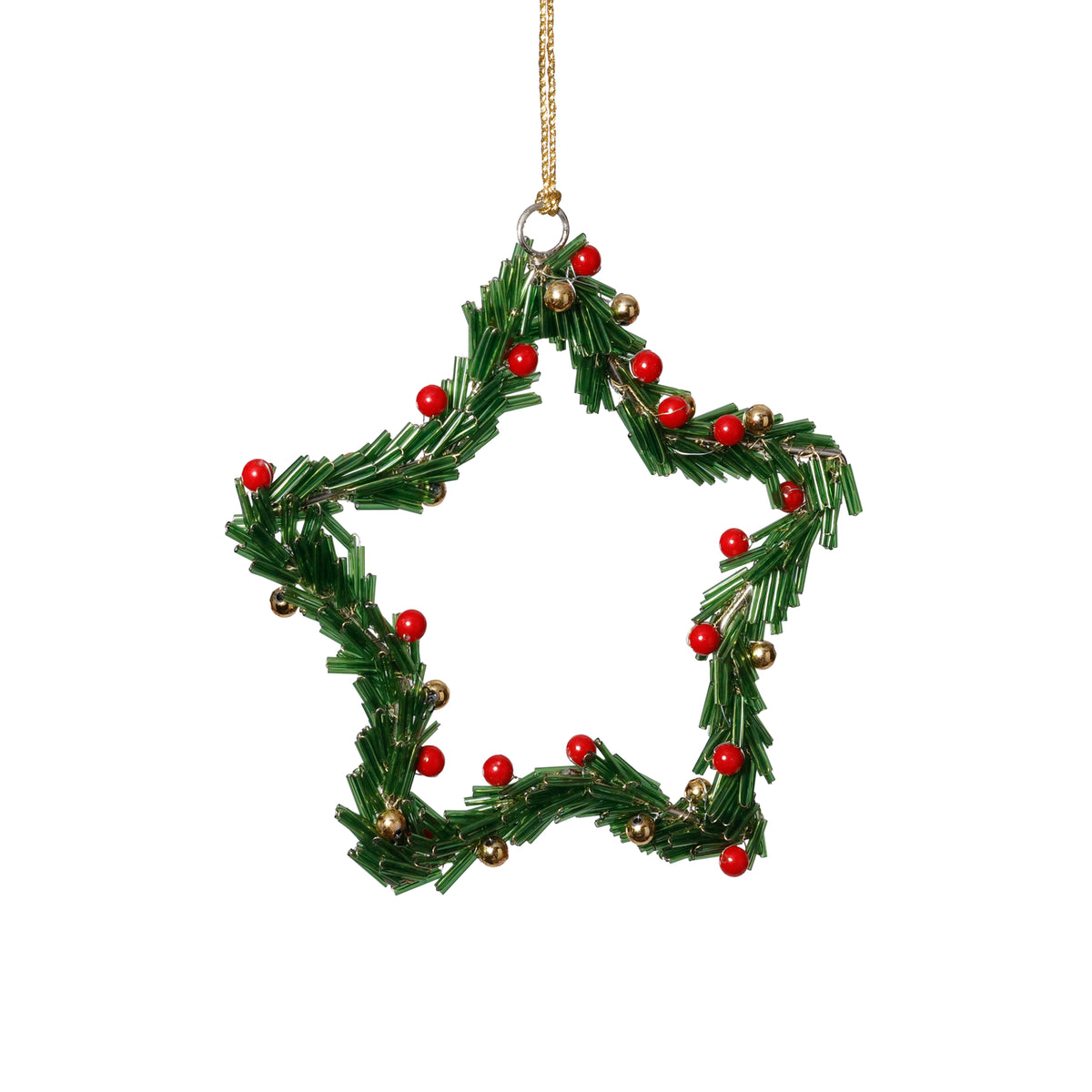Zodax Festive Beaded Christmas Hanging Ornaments with Red Berries, Set of 12, Star, Green, 6"