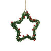 Zodax Festive Beaded Christmas Hanging Ornaments with Red Berries, Set of 12, Star, Green, 6"