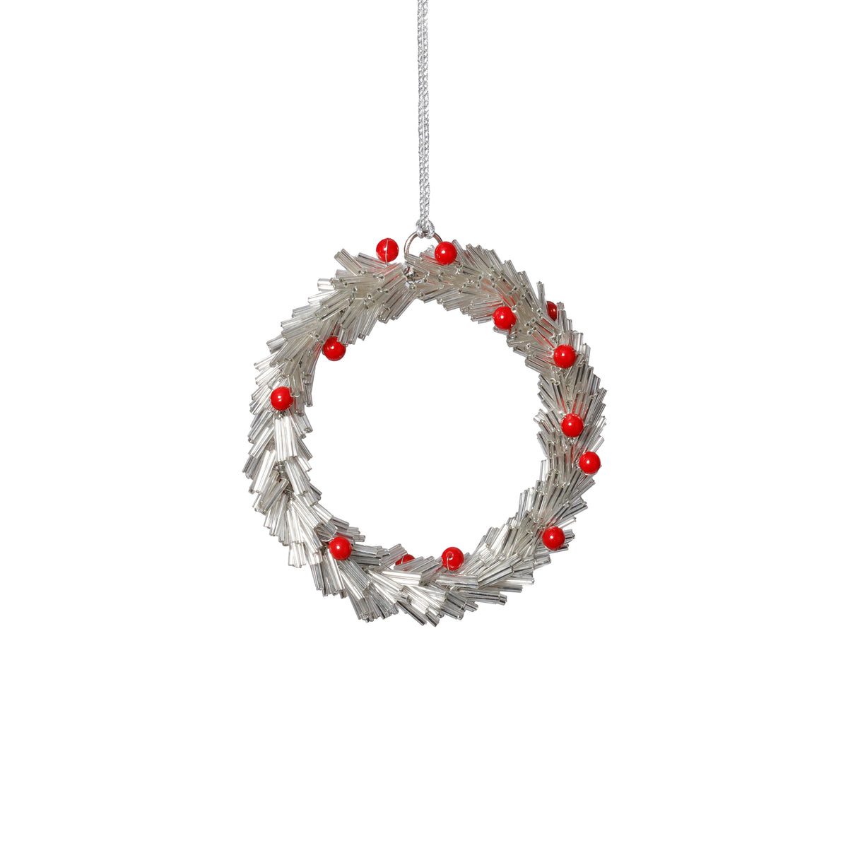 Zodax Festive Beaded Christmas Hanging Ornaments with Red Berries, Set of 12, Wreath, Silver, 4"