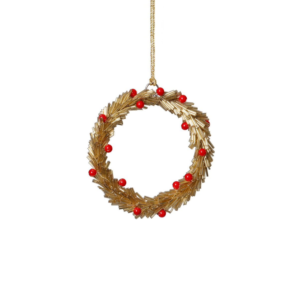 Zodax Festive Beaded Christmas Hanging Ornaments with Red Berries, Set of 12, Wreath, Gold, 4"