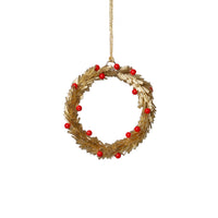 Zodax Festive Beaded Christmas Hanging Ornaments with Red Berries, Set of 12, Wreath, Gold, 4"