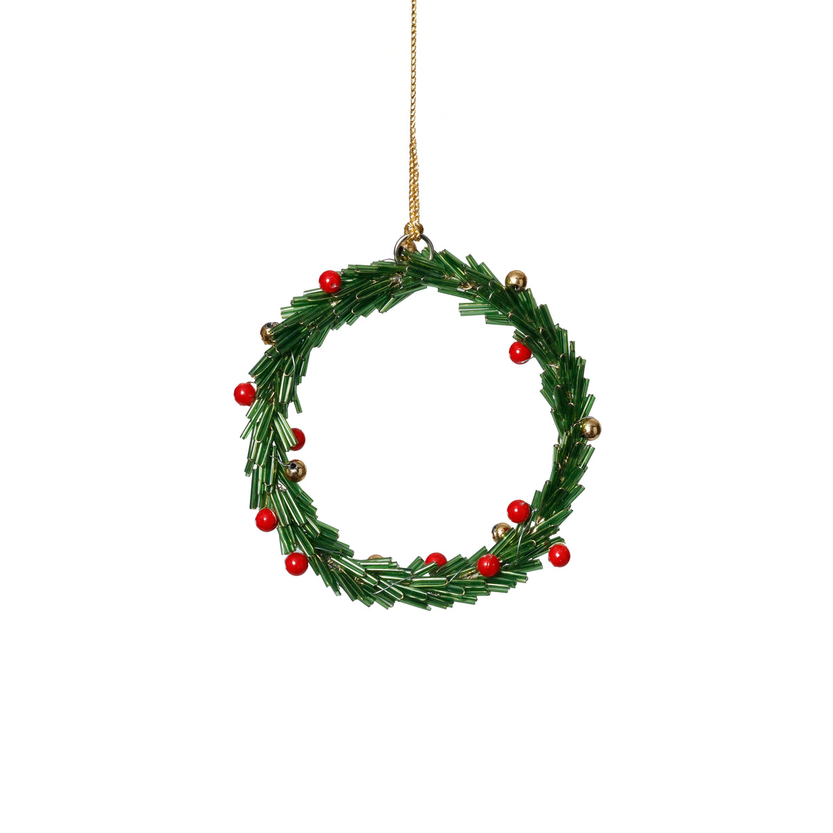 Zodax Festive Beaded Christmas Hanging Ornaments with Red Berries, Set of 12, Wreath, Green, 4"