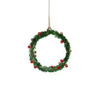 Zodax Festive Beaded Christmas Hanging Ornaments with Red Berries, Set of 12, Wreath, Green, 4"