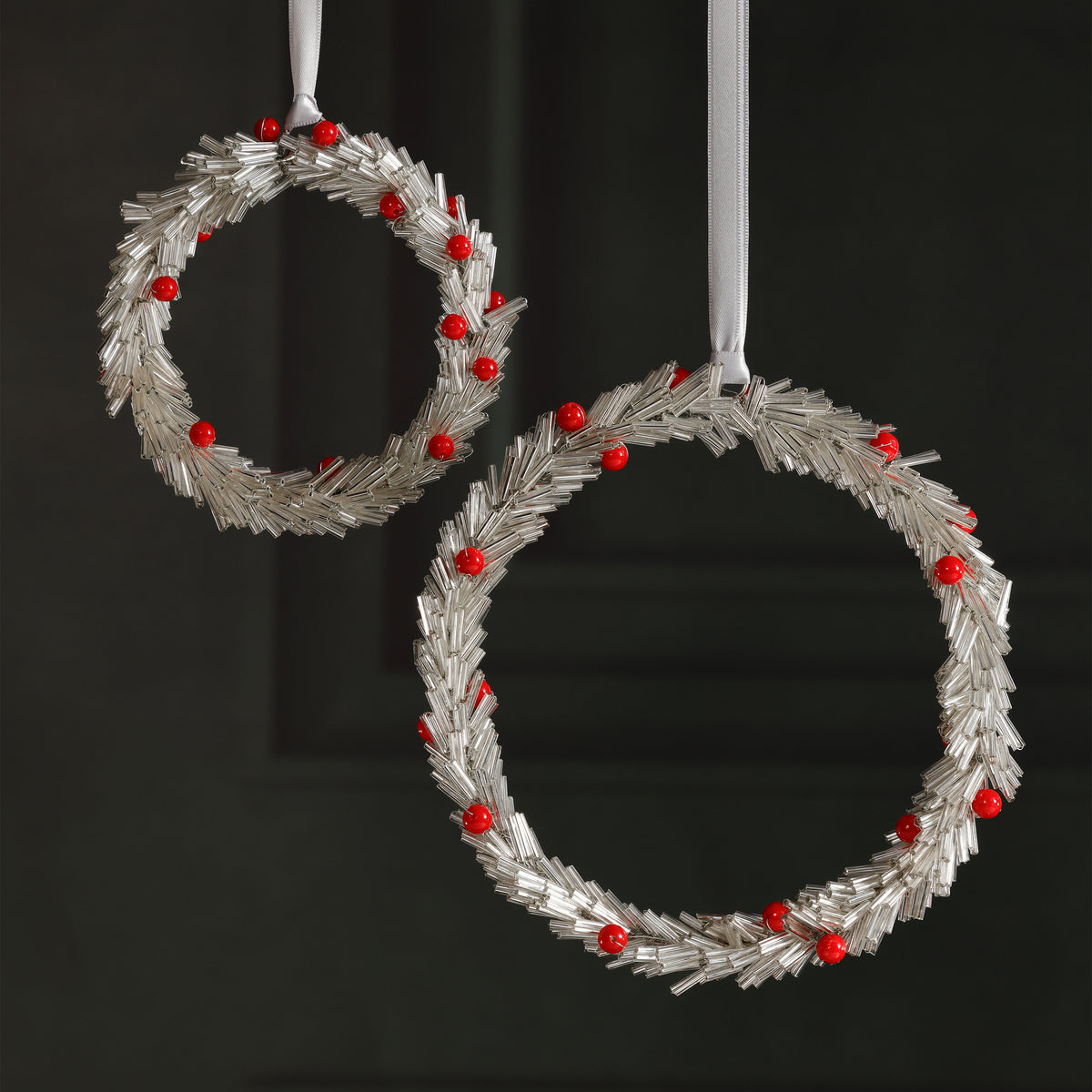 Zodax Festive Beaded Christmas Hanging Ornaments with Red Berries, Set of 12, Wreath, Silver, 6"
