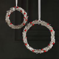 Zodax Festive Beaded Christmas Hanging Ornaments with Red Berries, Set of 12, Wreath, Silver, 6"