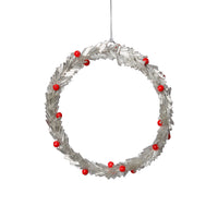 Zodax Festive Beaded Christmas Hanging Ornaments with Red Berries, Set of 12, Wreath, Silver, 6"
