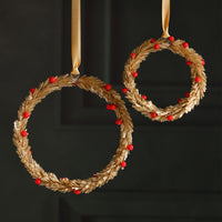 Zodax Festive Beaded Christmas Hanging Ornaments with Red Berries, Set of 12, Wreath, Gold, 6"
