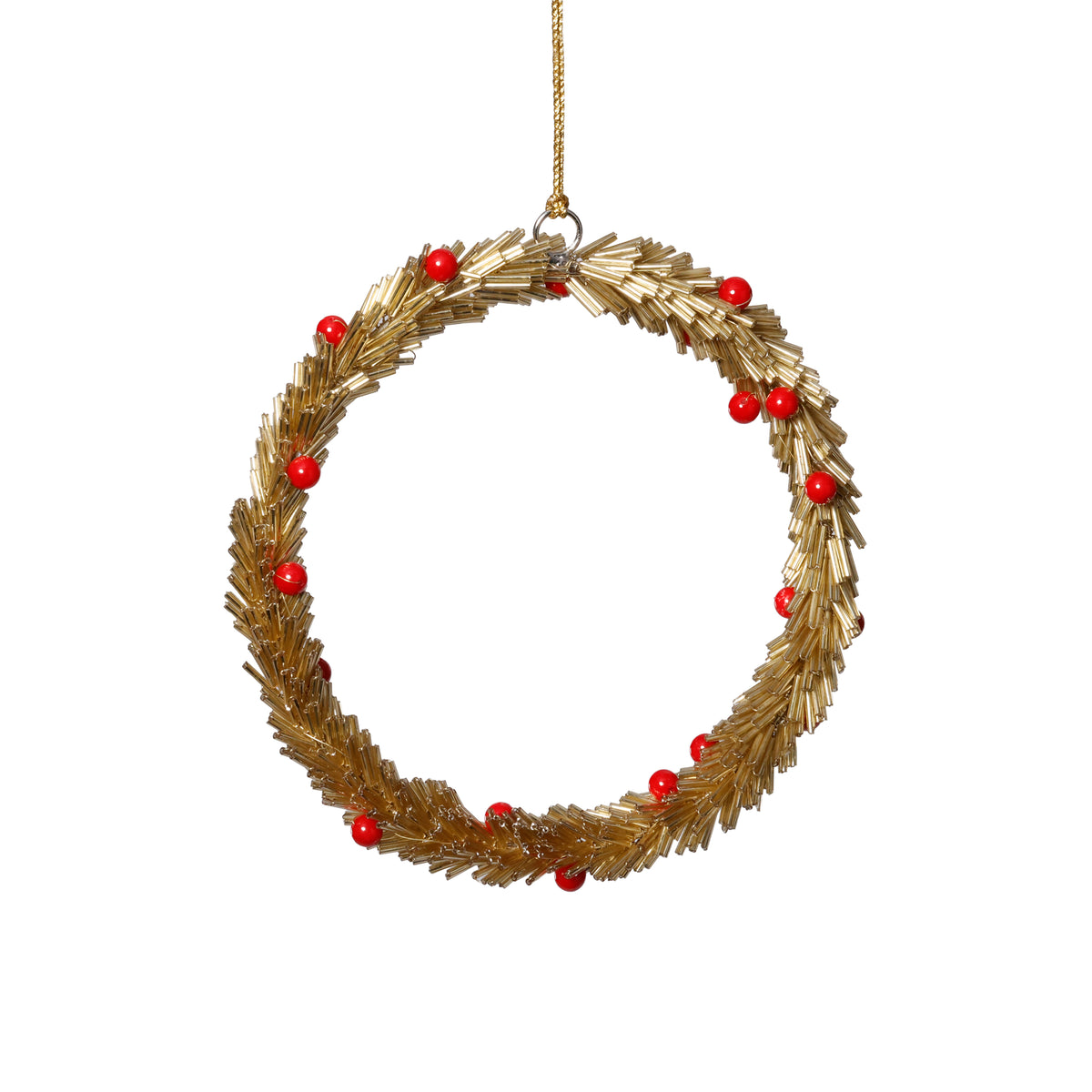 Zodax Festive Beaded Christmas Hanging Ornaments with Red Berries, Set of 12, Wreath, Gold, 6"