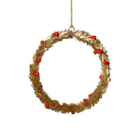 Zodax Festive Beaded Christmas Hanging Ornaments with Red Berries, Set of 12, Wreath, Gold, 6"