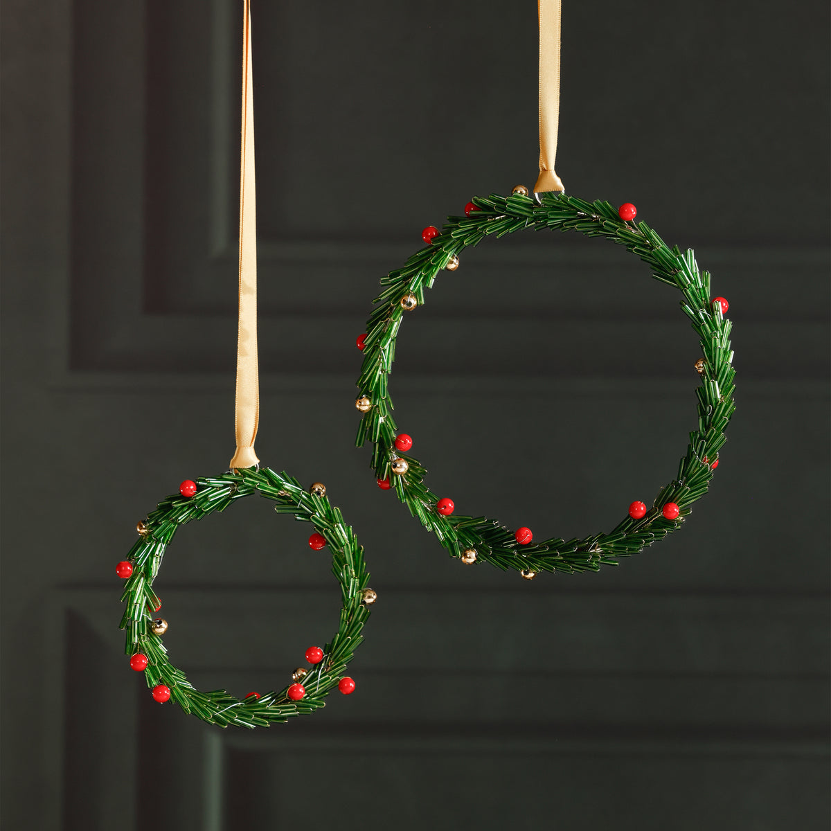 Zodax Festive Beaded Christmas Hanging Ornaments with Red Berries, Set of 12, Wreath, Green, 6"