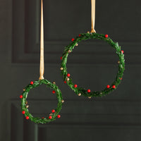 Zodax Festive Beaded Christmas Hanging Ornaments with Red Berries, Set of 12, Wreath, Green, 6"