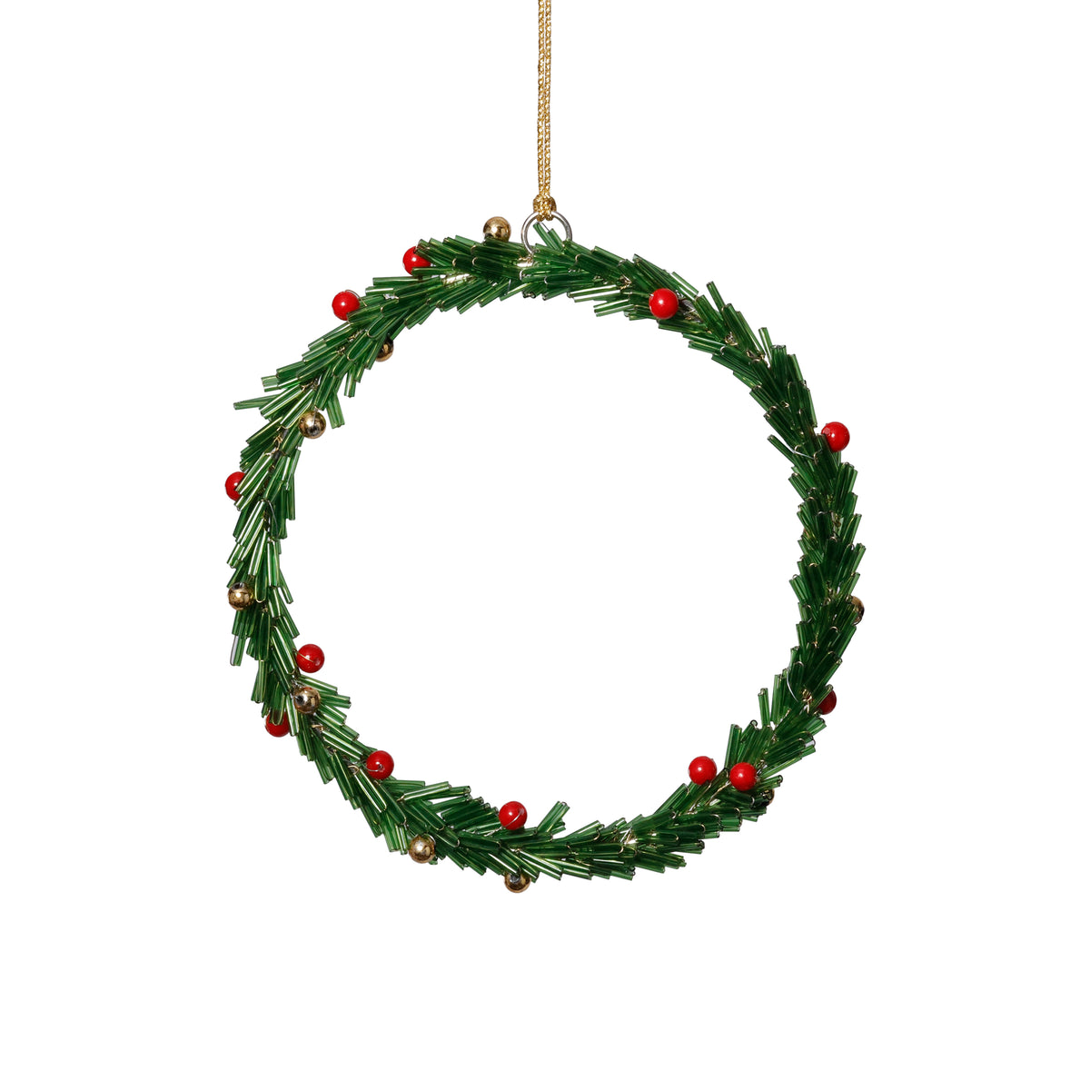 Zodax Festive Beaded Christmas Hanging Ornaments with Red Berries, Set of 12, Wreath, Green, 6"