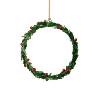 Zodax Festive Beaded Christmas Hanging Ornaments with Red Berries, Set of 12, Wreath, Green, 6"